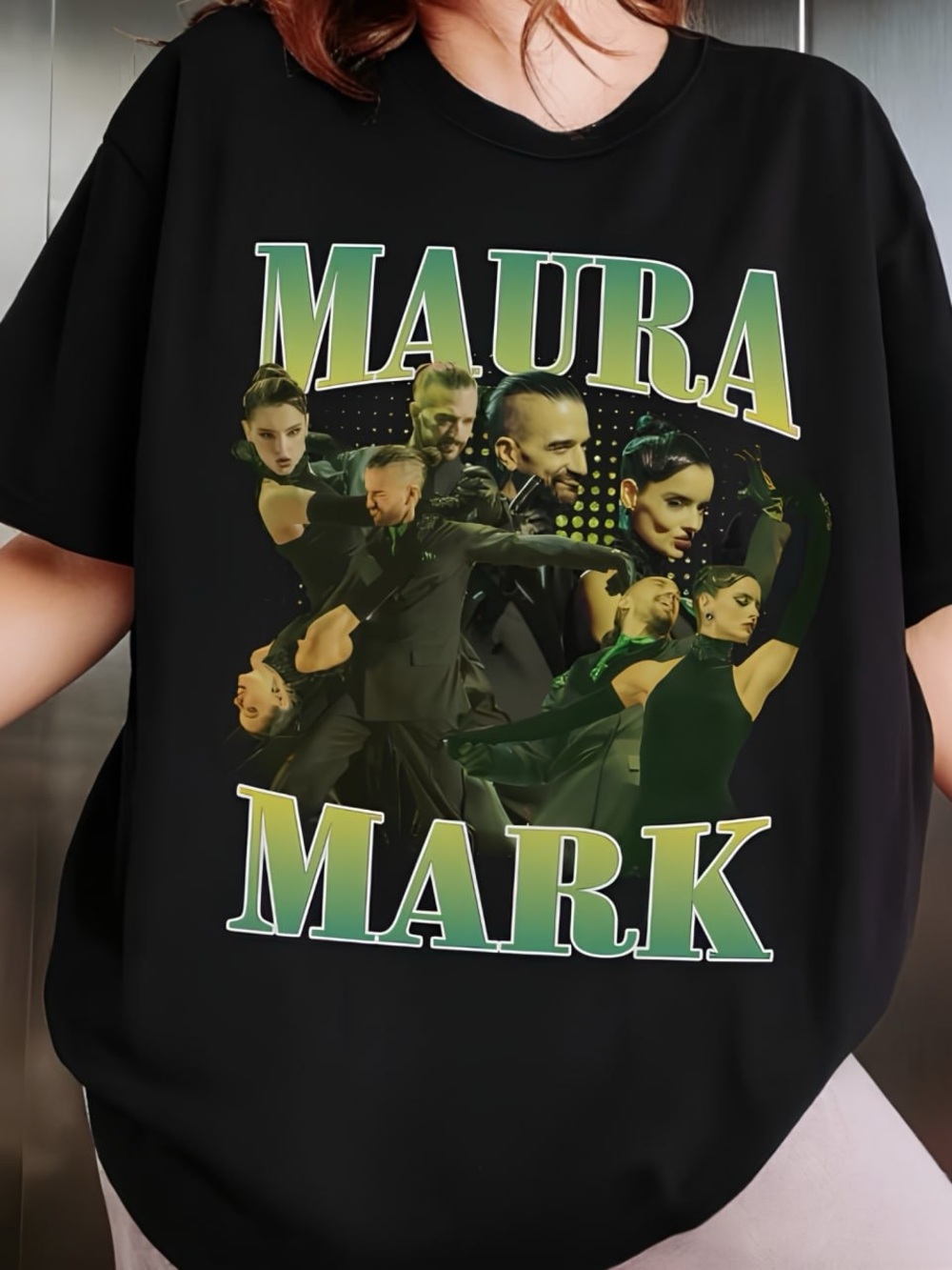 Black Maura Mark Graphic Tee with Green Accents